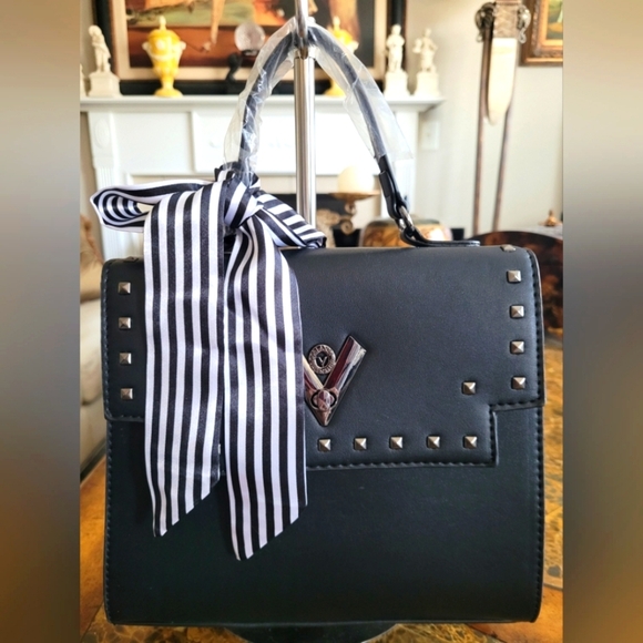 Valentino Orlandi Handbags - VALENTINO ORLANDI Black Studded Handbag with Striped Bow